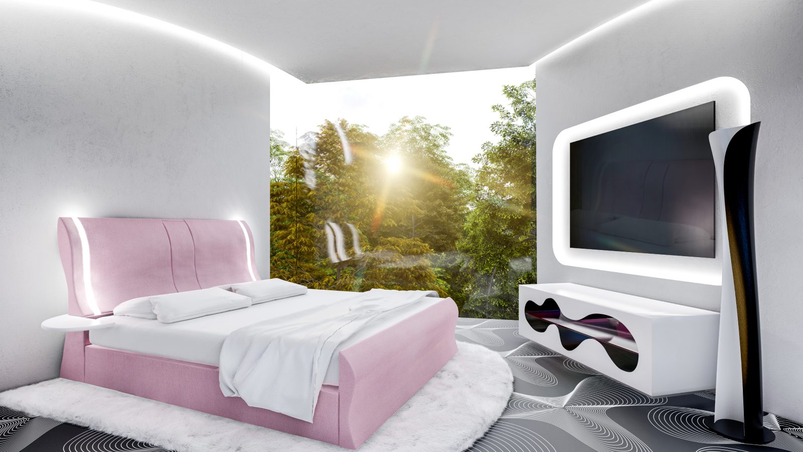 El dormitorio tiene también muy presente el ADN de Karim Rashid, con los tonos rosados de su cama Rioni para Dreamland o su mueble para televisión Kave Table de Bernini, que parece sacado de una obra de H.R. Giger. - imagen 4