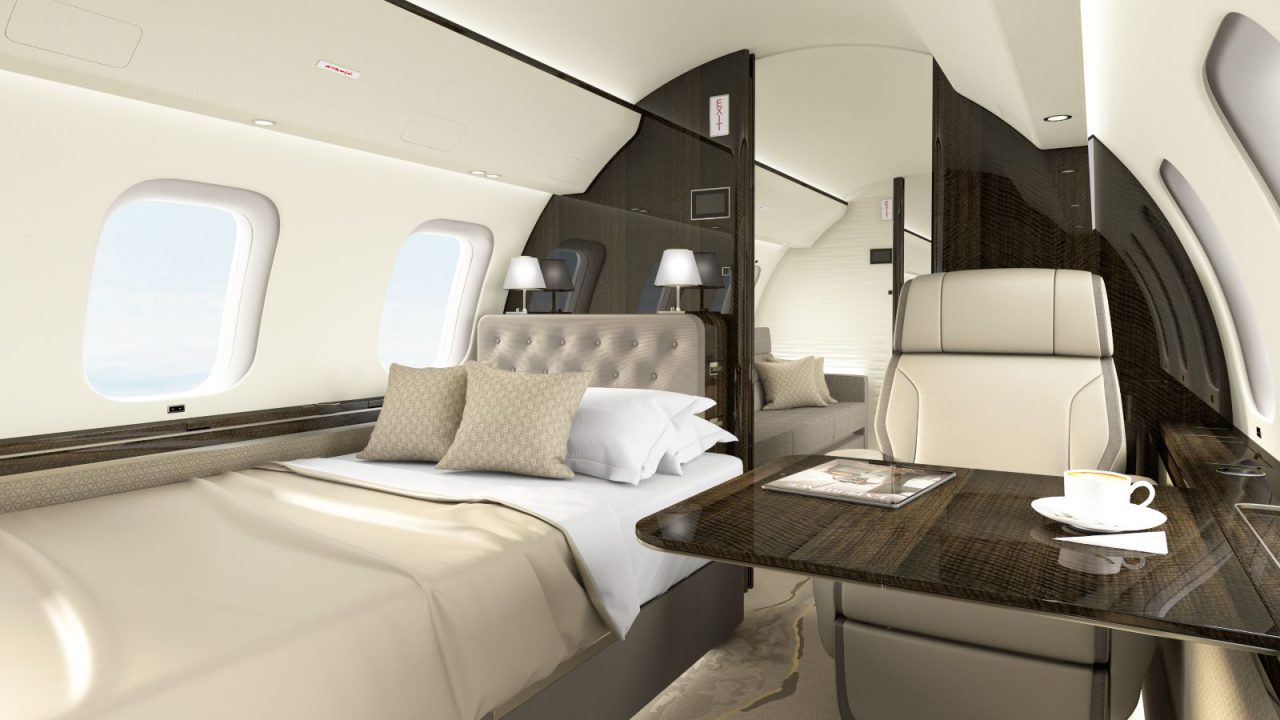 Imagen de la habitación del avión Bombardier 8000