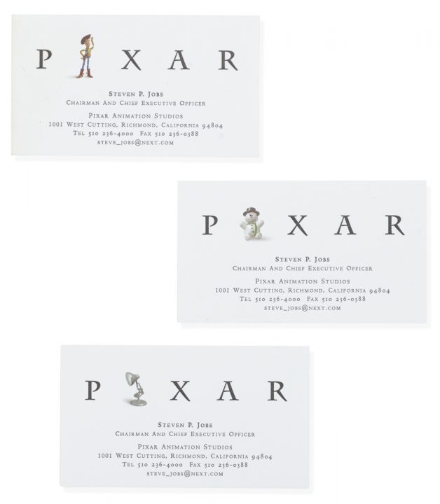 Foto Steve Jobs Pixar Tarjetas de visitapersonal. Grupo de 3 tarjetas de visita impresas. 2.800 y 8.200 euros